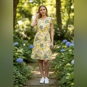 Ann Taylor Yellow Floral Flutter Sleeve Silk Dress - Back Tie Motif, Size M